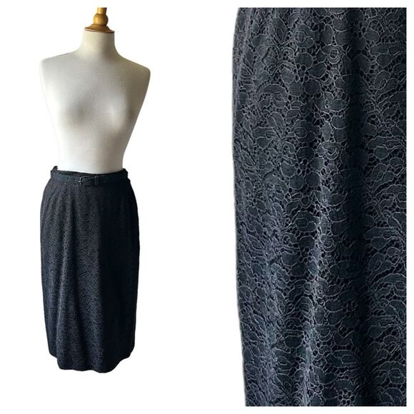Vintage 1950s Black Lace Lined Midi Pencil Skirt with Belt - Picture 2 of 9